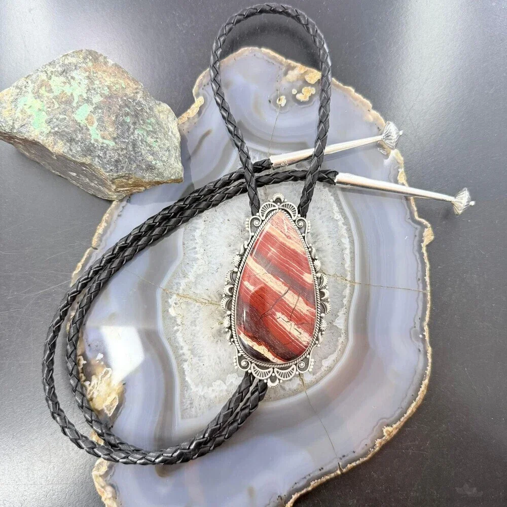 Sterling Silver Southwestern Style Large Snake Skin Jasper Bolo Tie For Men